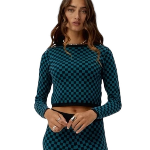 Daydreamers Teal Green Black Checker Pullover Long Sleeve Sweater Size L NEW - Picture 2 of 15